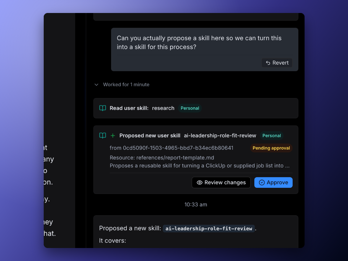 Reviewing and approving an agent-proposed skill change
