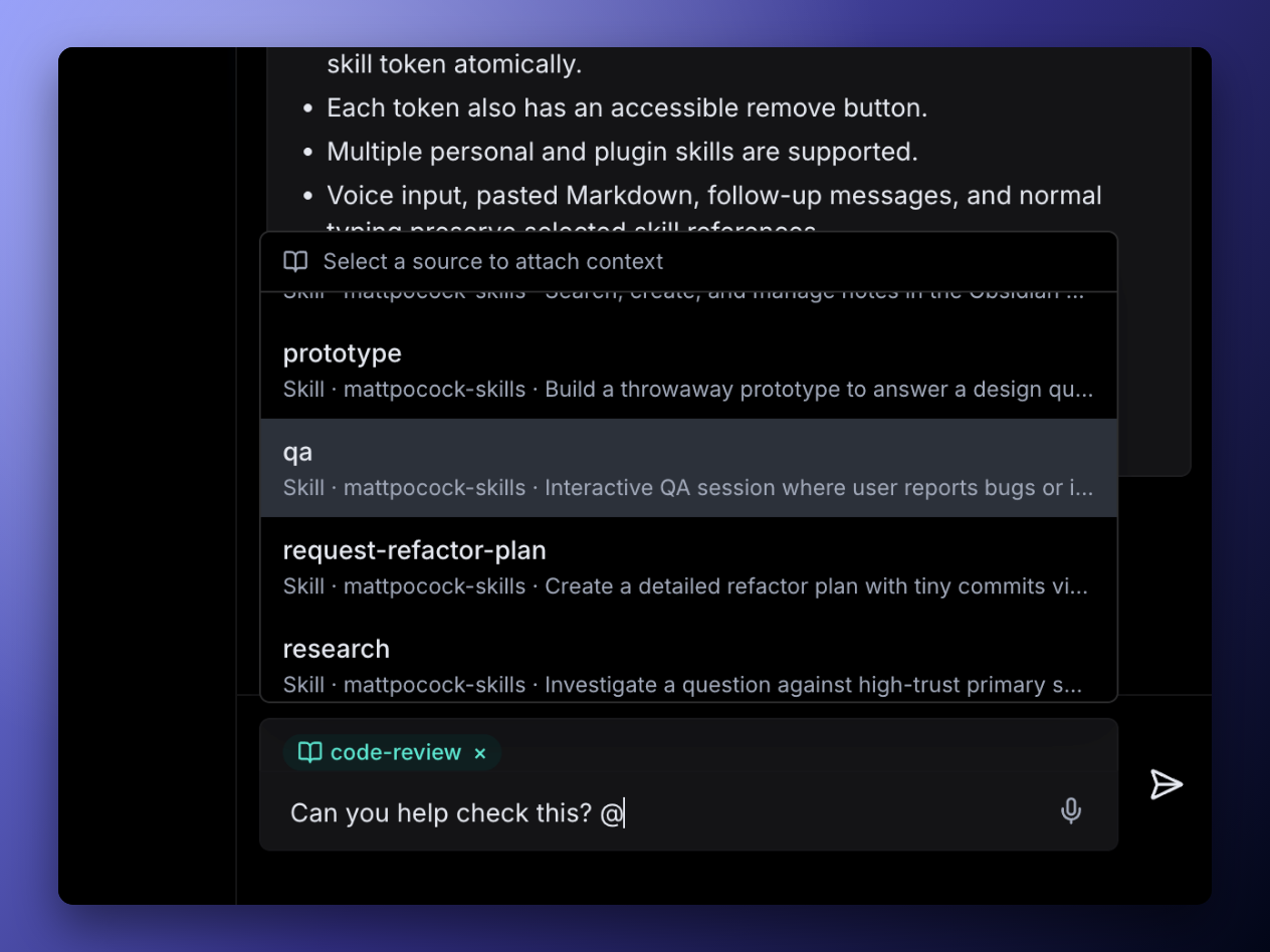 Skill suggestions in the combined @ search
