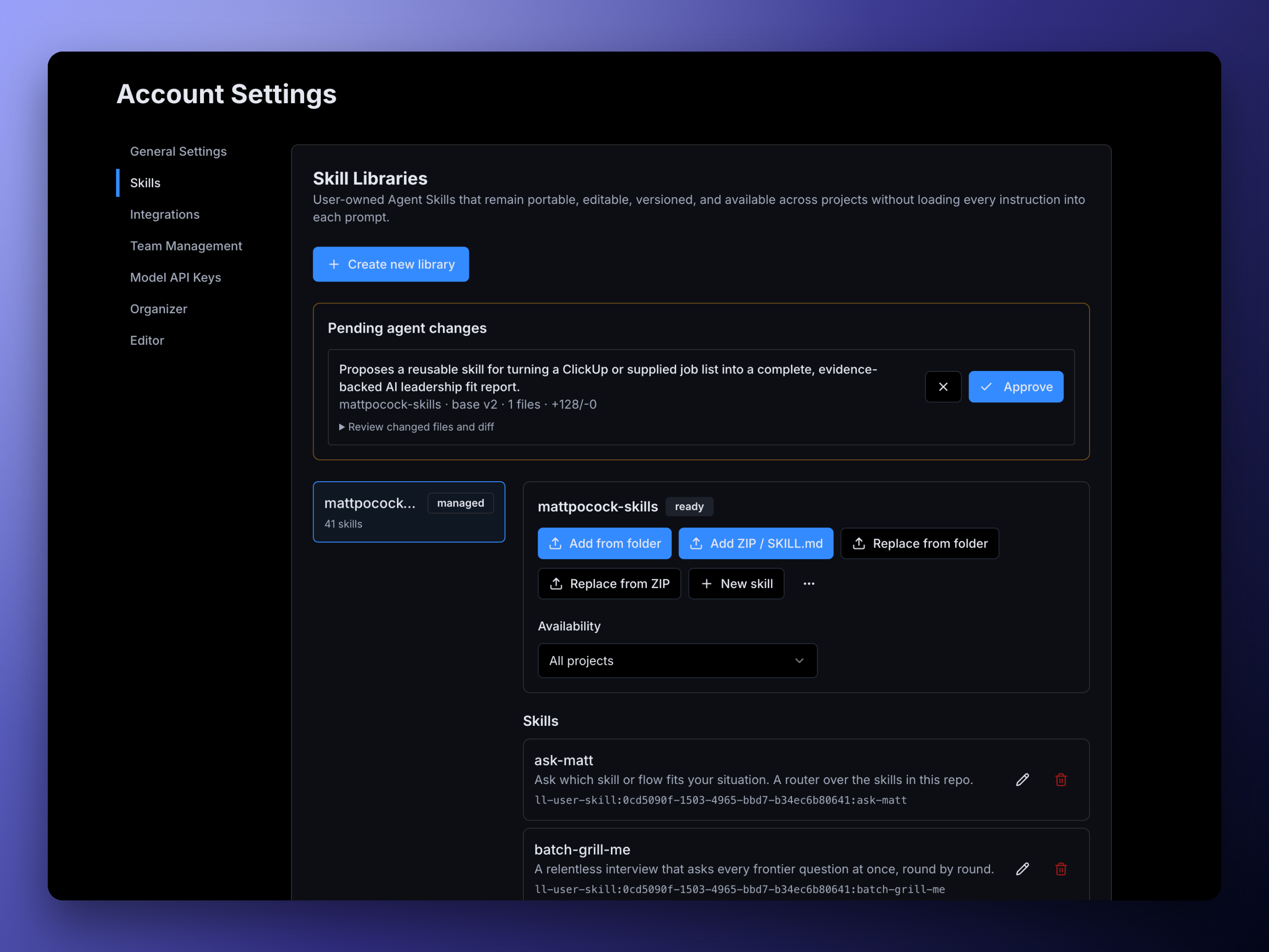 A managed Skill Library with replacement approval and skill editing controls
